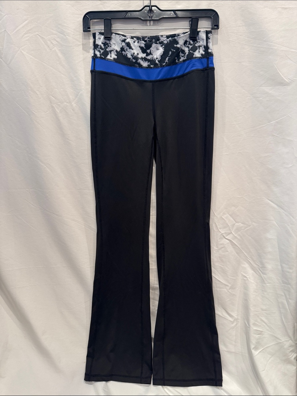 Inner Spirit Black Leggings with Blue Waistband and Marble Print Fold-Over Waist
